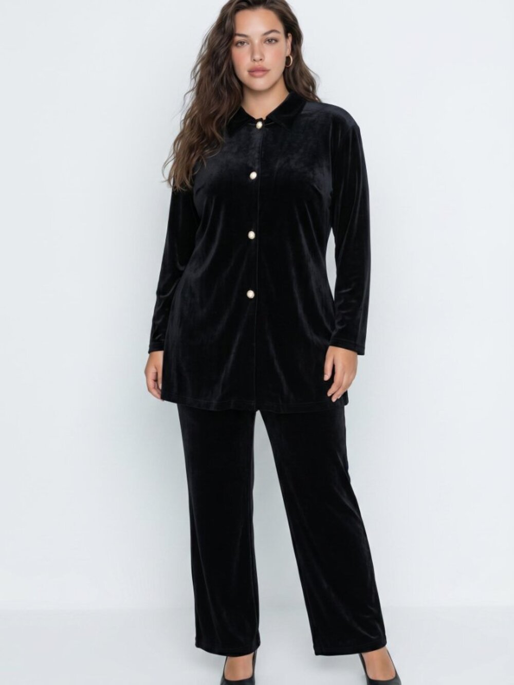 ELIZABETH Black Velvet Velour Dressy Stretch Shirt Pants Outfit 2X Vintage 90's